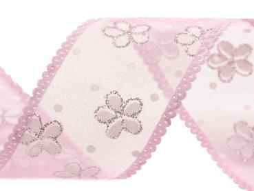 Organzaband mit Blumen und Glitzer hellrosa Breite 40mm